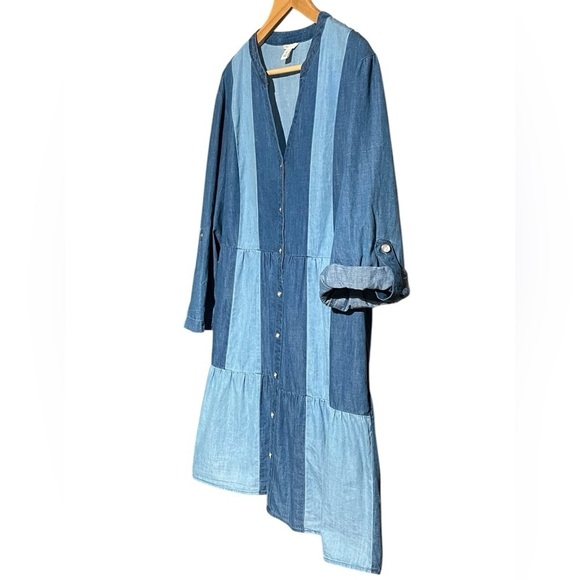 Patchwork Two-Tone Denim Smock Shirt Dress Tunic 3/4 Sleeve Flounce Hem Pockets - Picture 3 of 12